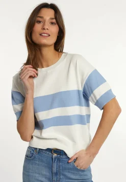Outlet River Woods Katoenen gestreepte trui korte mouwen écru/blauw -