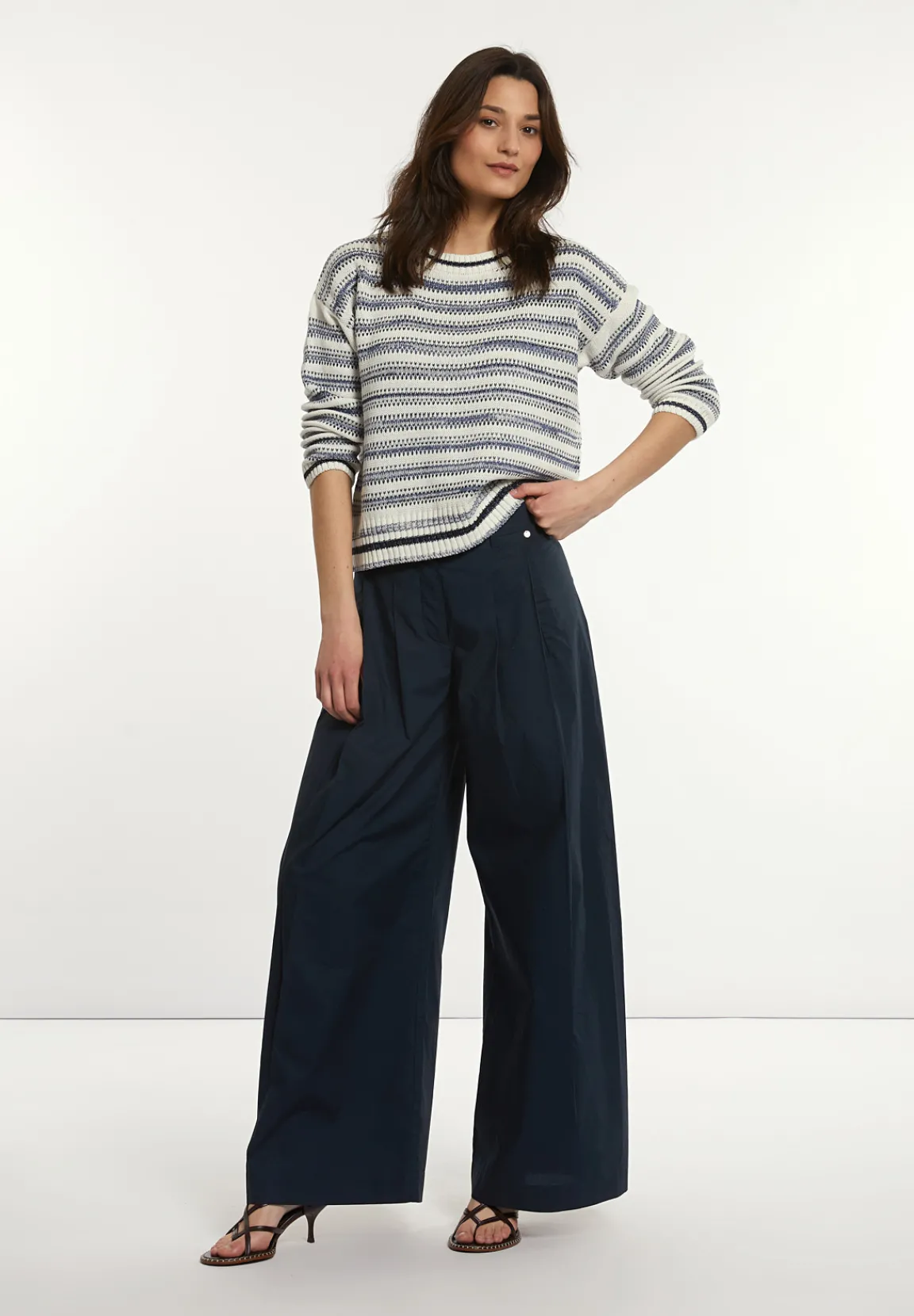 Fashion River Woods Katoenen gestreepte trui ronde hals navy/wit -