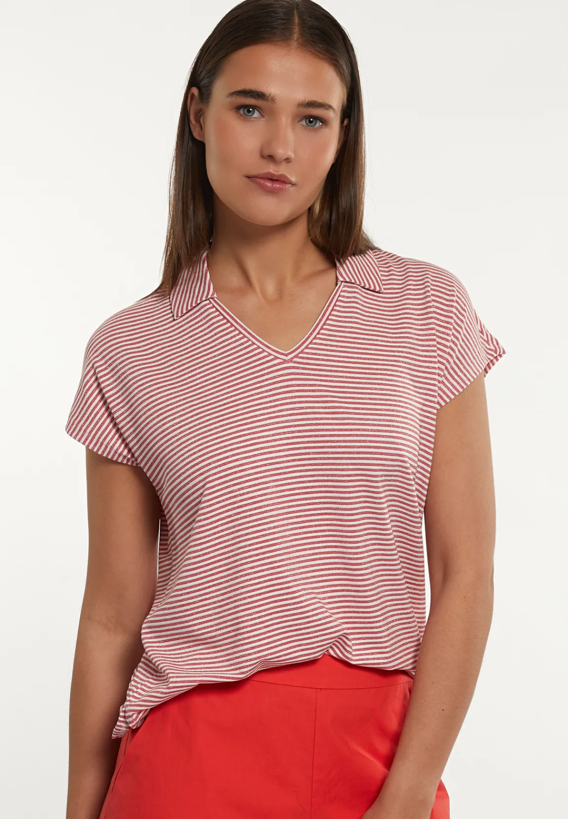 Outlet River Woods Katoenen gestreepte T-shirt polokraag rood/wit -