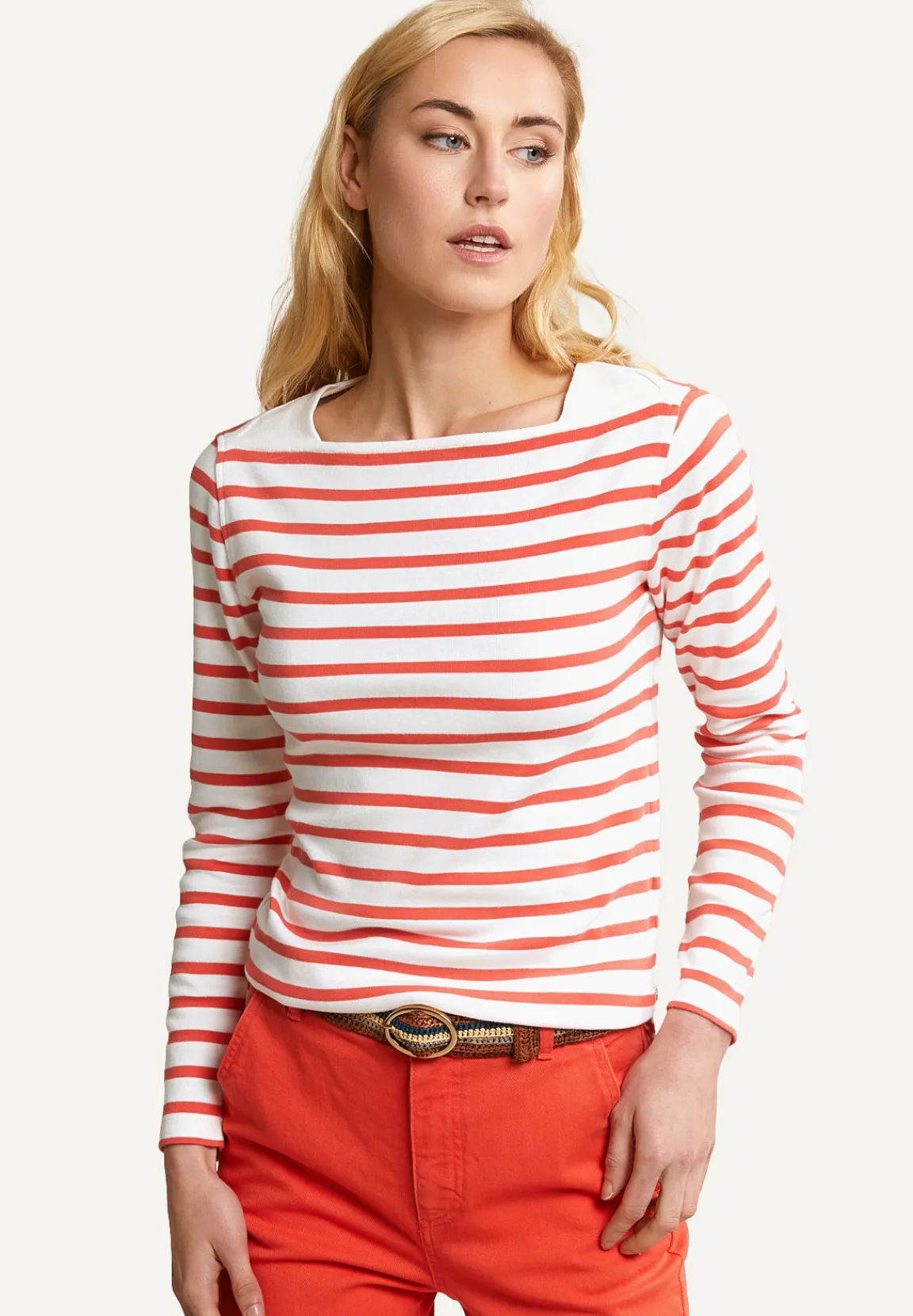 Online River Woods Katoenen gestreepte T-shirt lange mouwen ecru/oranje -