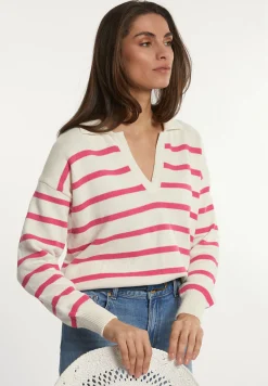 Best River Woods Katoenen gestreepte V-hals trui lange mouwen roze/wit -