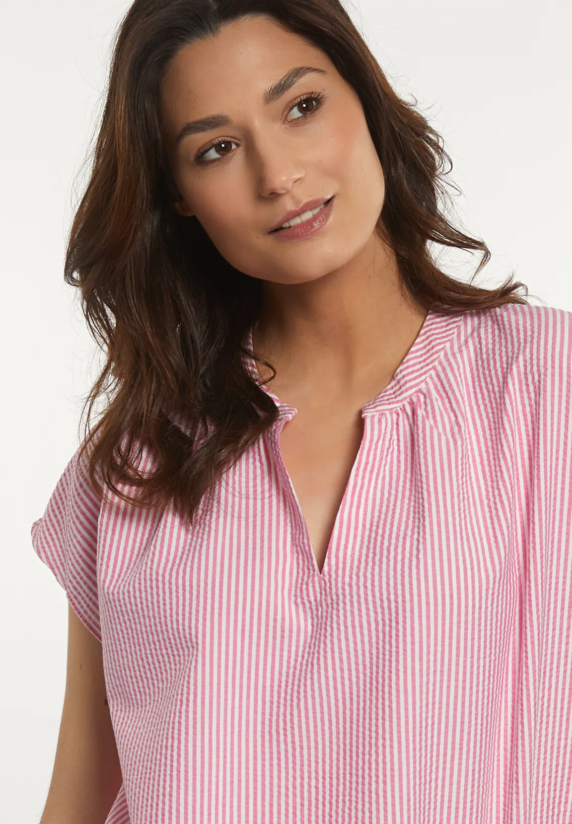 Best River Woods Katoenen gestreepte V-hals blouse roze/wit -