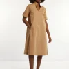 Clearance River Woods Katoenen jurk met riem elleboogmouwen camel -