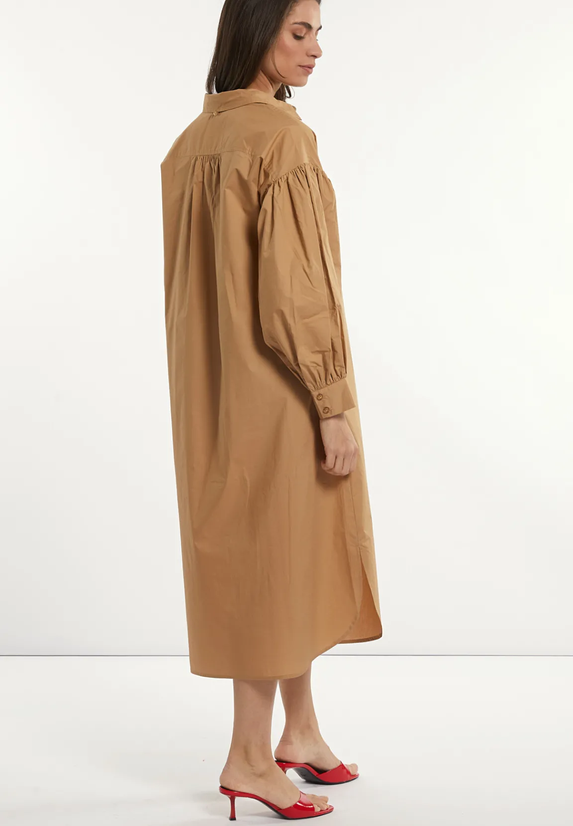 Outlet River Woods Katoenen jurk met riem pofmouwen beige -