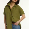 Fashion River Woods Katoenen oversized blouse korte mouwen borstzak olijfgroen -