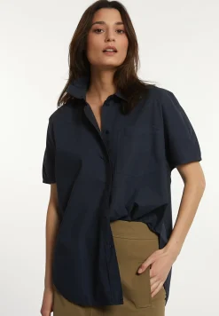 New River Woods Katoenen oversized blouse korte mouwen borstzak navy -