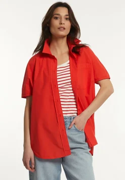 Best River Woods Katoenen oversized blouse korte mouwen borstzak rood -