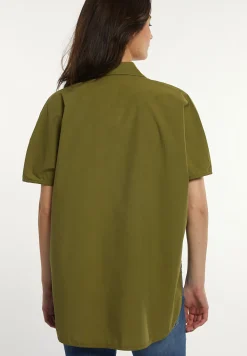 Fashion River Woods Katoenen oversized blouse korte mouwen borstzak olijfgroen -