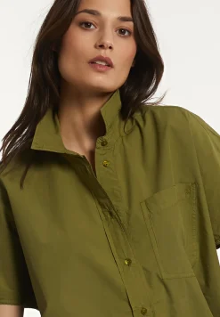 Fashion River Woods Katoenen oversized blouse korte mouwen borstzak olijfgroen -