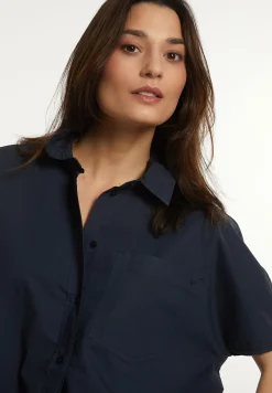 New River Woods Katoenen oversized blouse korte mouwen borstzak navy -