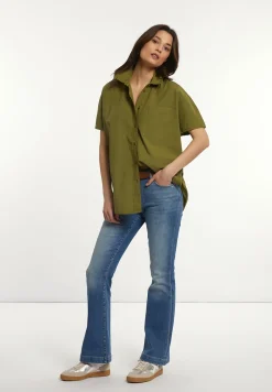 Fashion River Woods Katoenen oversized blouse korte mouwen borstzak olijfgroen -