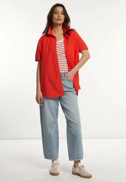 Best River Woods Katoenen oversized blouse korte mouwen borstzak rood -