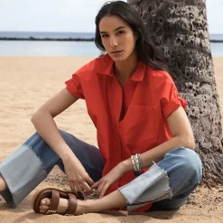 Best River Woods Katoenen oversized blouse korte mouwen borstzak rood -