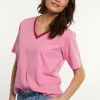New River Woods Katoenen T-shirt gestreepte V-hals roze -