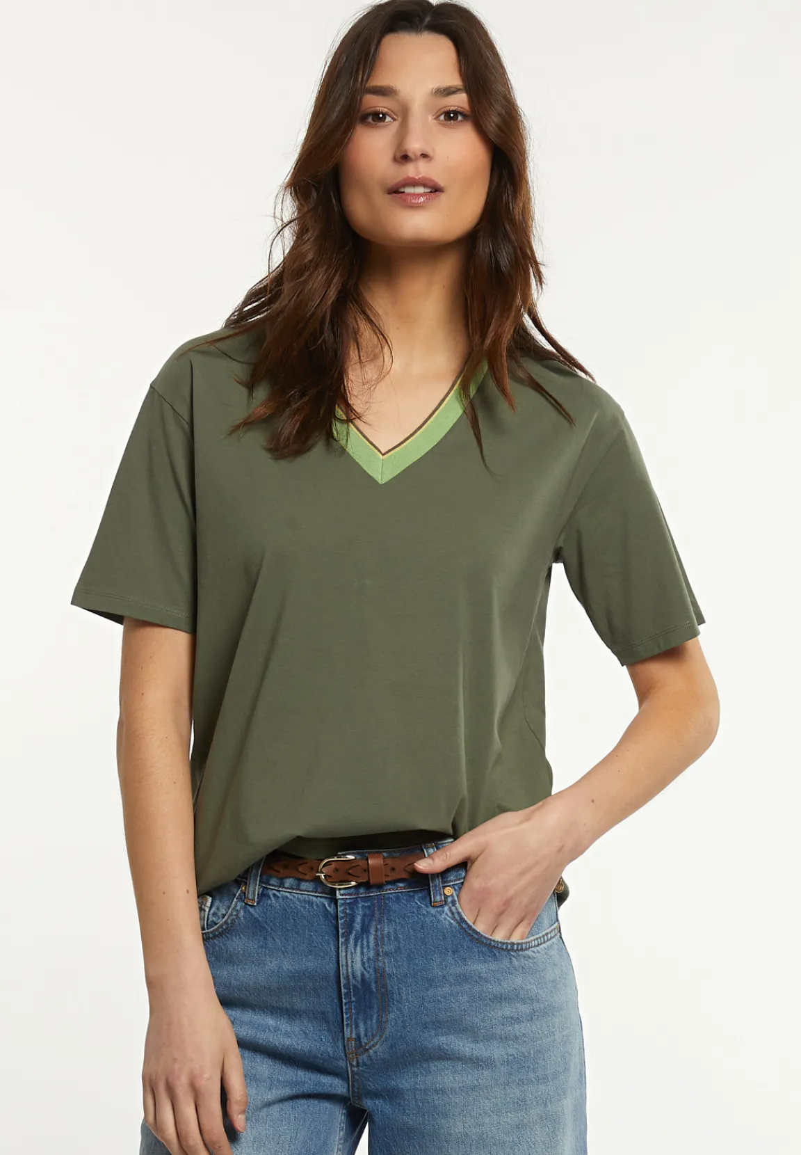 Fashion River Woods Katoenen T-shirt gestreepte V-hals kaki -