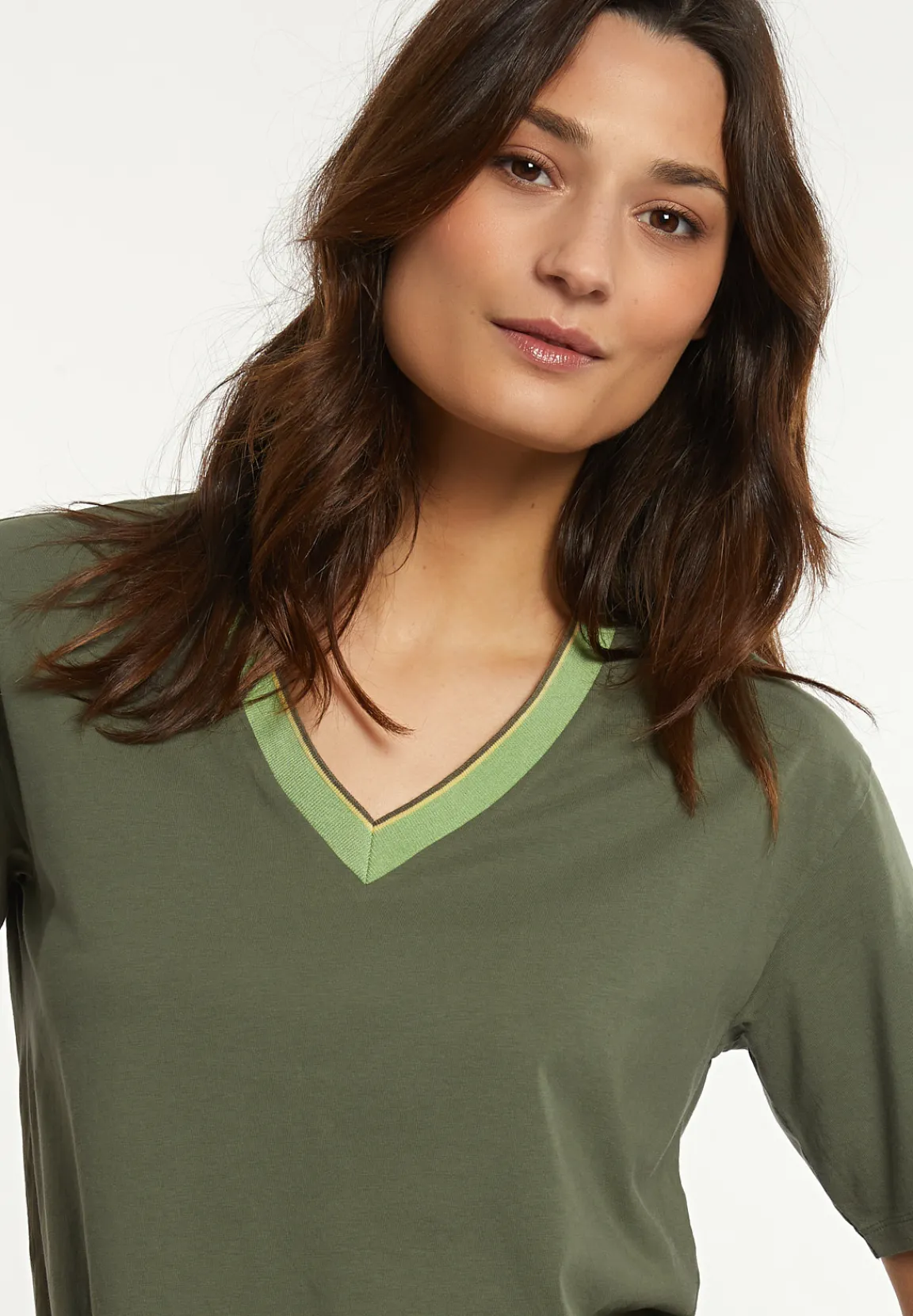 Fashion River Woods Katoenen T-shirt gestreepte V-hals kaki -