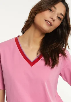 New River Woods Katoenen T-shirt gestreepte V-hals roze -