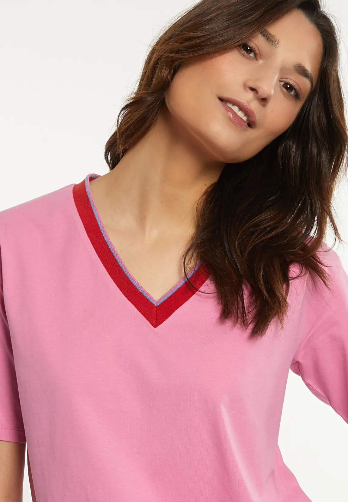 New River Woods Katoenen T-shirt gestreepte V-hals roze -