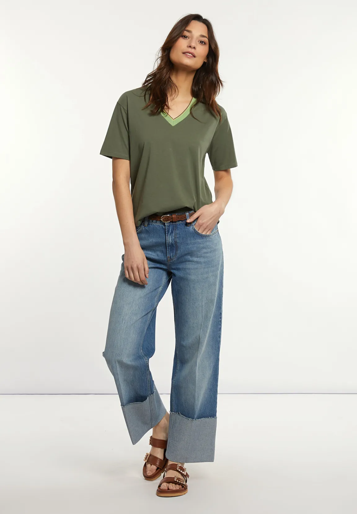 Fashion River Woods Katoenen T-shirt gestreepte V-hals kaki -