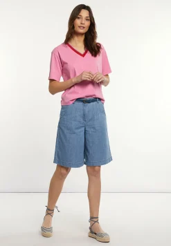 New River Woods Katoenen T-shirt gestreepte V-hals roze -