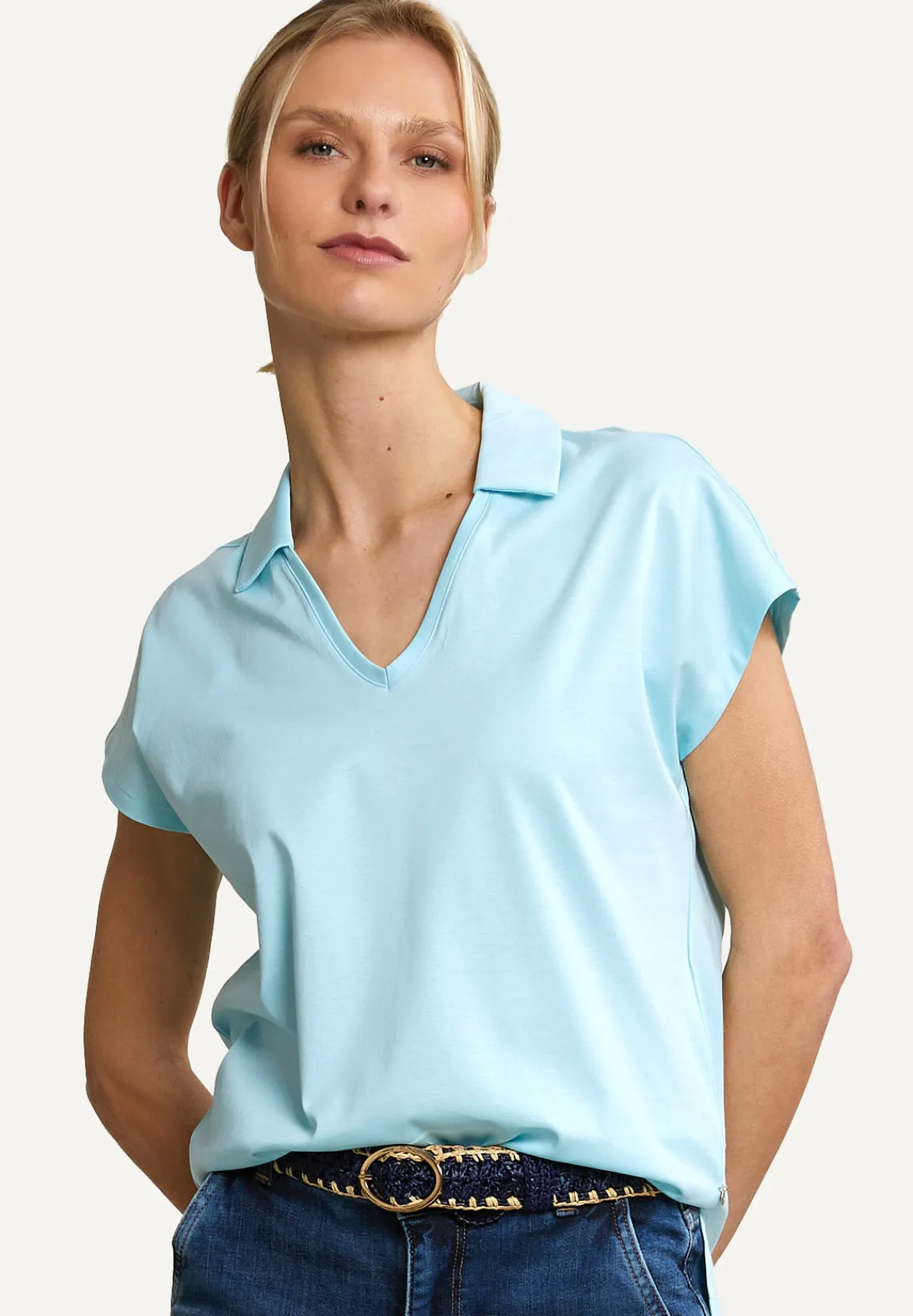Fashion River Woods Katoenen V-hals polo T-shirt korte mouwen turquoise -