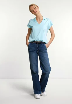 Fashion River Woods Katoenen V-hals polo T-shirt korte mouwen turquoise -