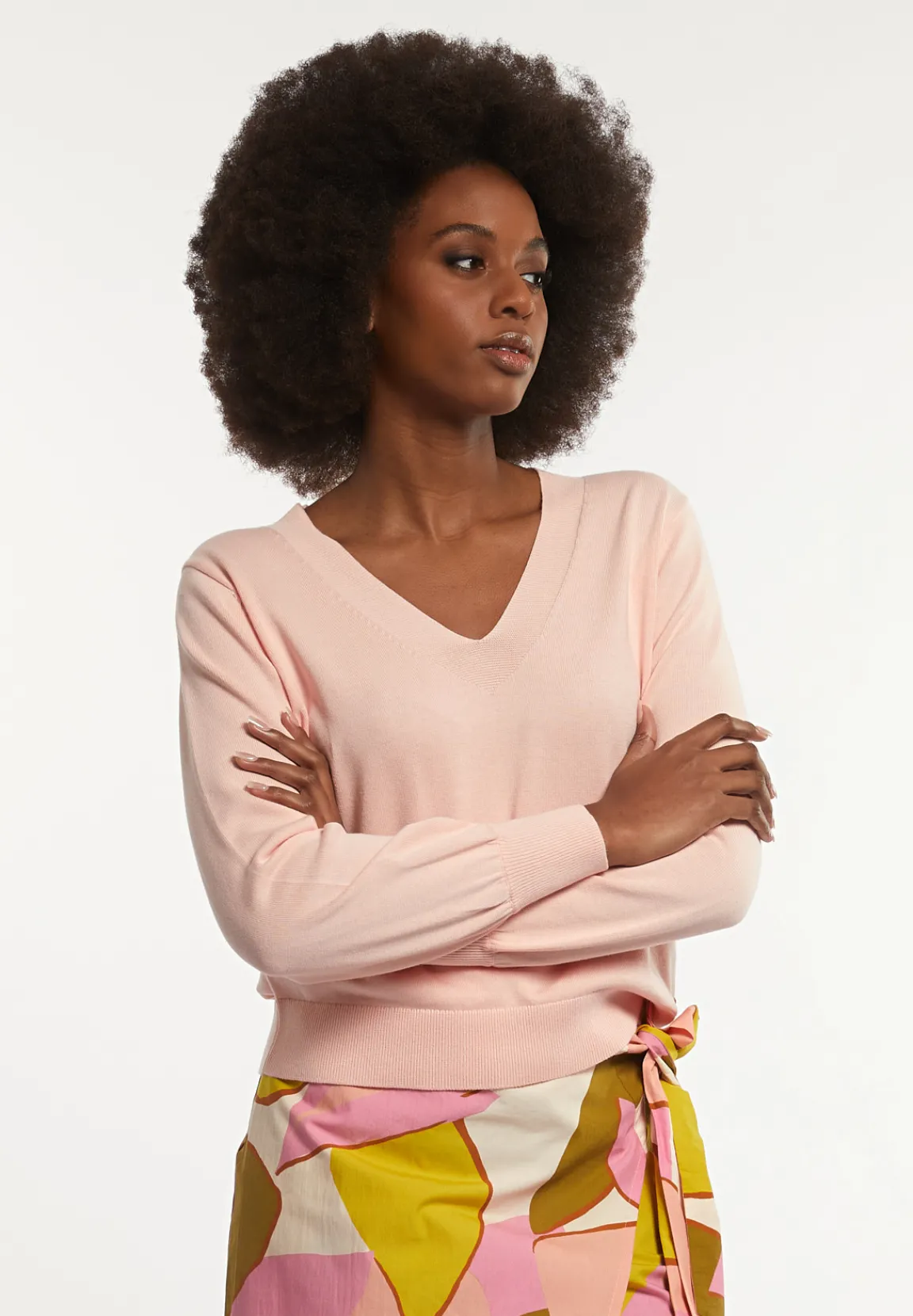 Fashion River Woods Katoenen V-hals trui pofmouwen roze -