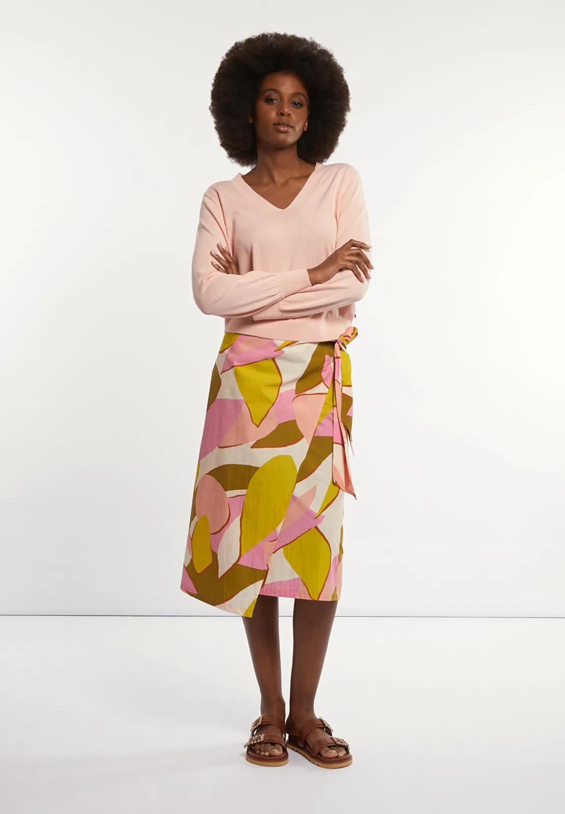 Fashion River Woods Katoenen V-hals trui pofmouwen roze -