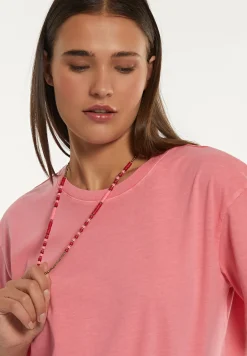 Fashion River Woods Katoenen wijde T-shirt ronde hals korte mouwen roze -