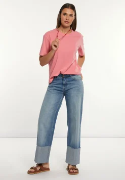 Fashion River Woods Katoenen wijde T-shirt ronde hals korte mouwen roze -