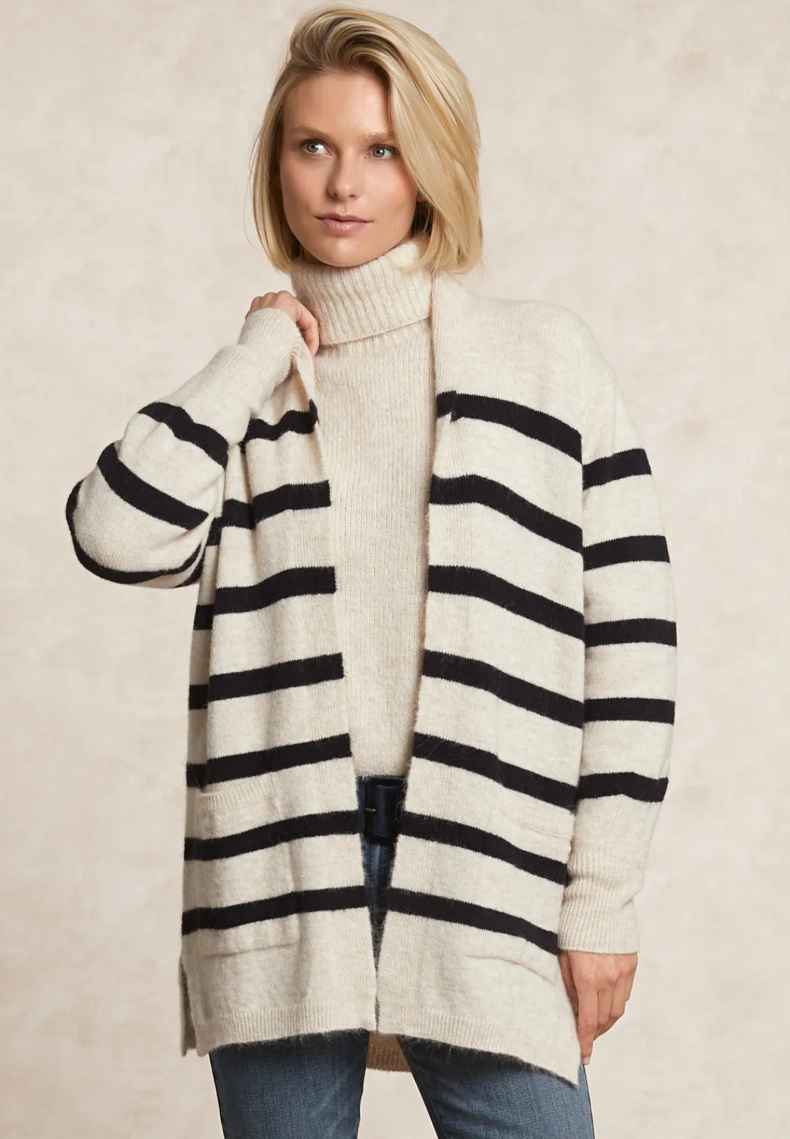 Fashion River Woods Lange gestreepte V-hals jersey cardigan opgestikte zakken écru/navy -
