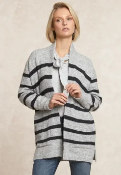Hot River Woods Lange gestreepte V-hals jersey cardigan opgestikte zakken zwart/grijs -