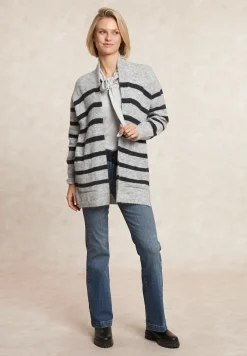 Hot River Woods Lange gestreepte V-hals jersey cardigan opgestikte zakken zwart/grijs -