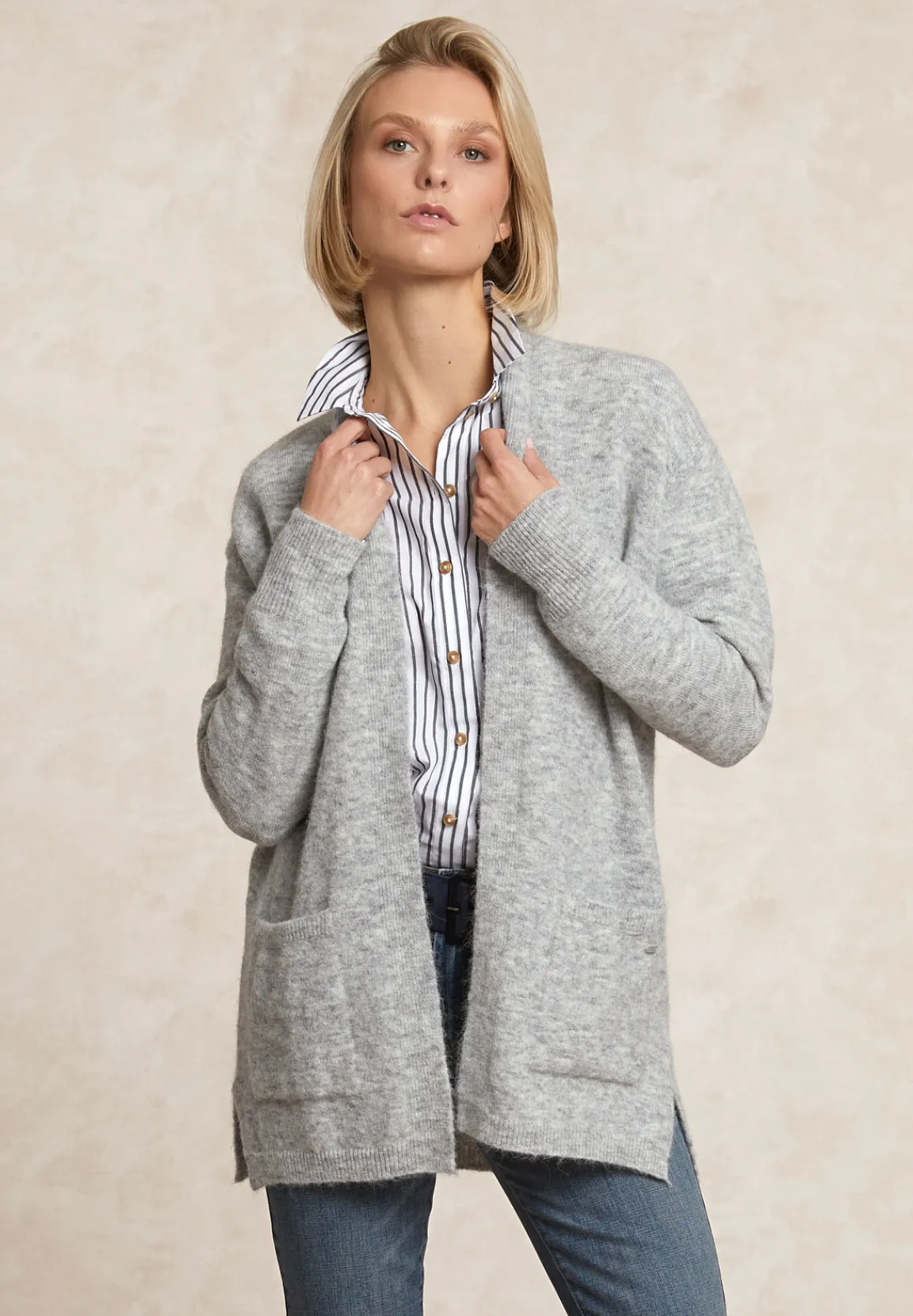 Discount River Woods Lange V-hals jersey cardigan opgestikte zakken grijs -