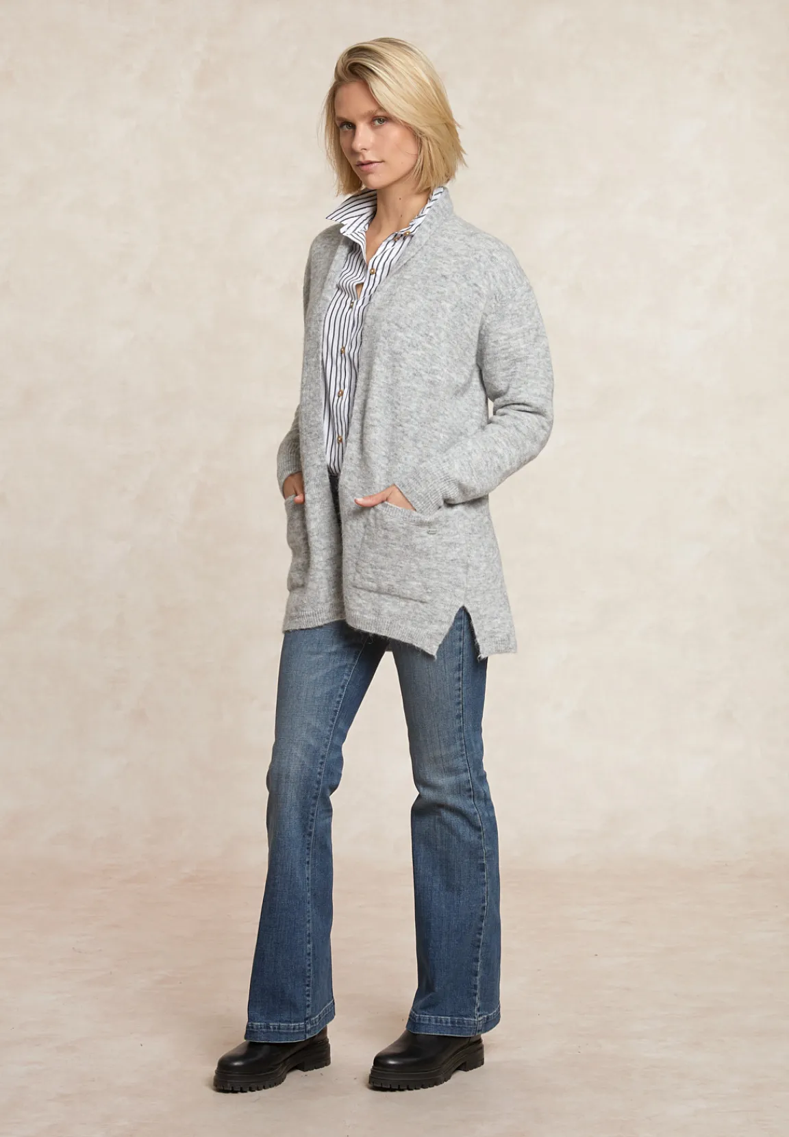Discount River Woods Lange V-hals jersey cardigan opgestikte zakken grijs -