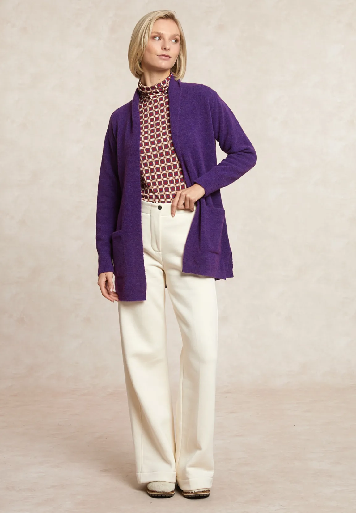 Fashion River Woods Lange V-hals jersey cardigan opgestikte zakken paars -