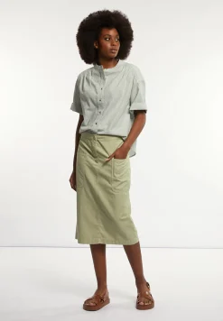 Discount River Woods Linnen gestreepte blouse korte mouwen kaki/wit -