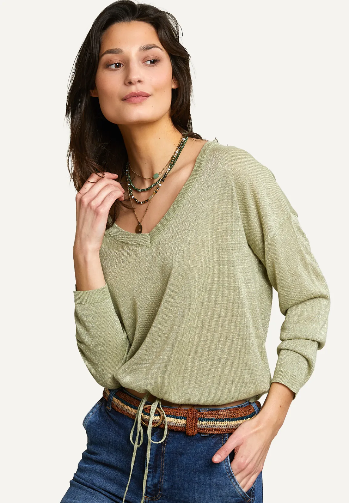 Online River Woods Metallic V-hals trui lange mouwen groen -