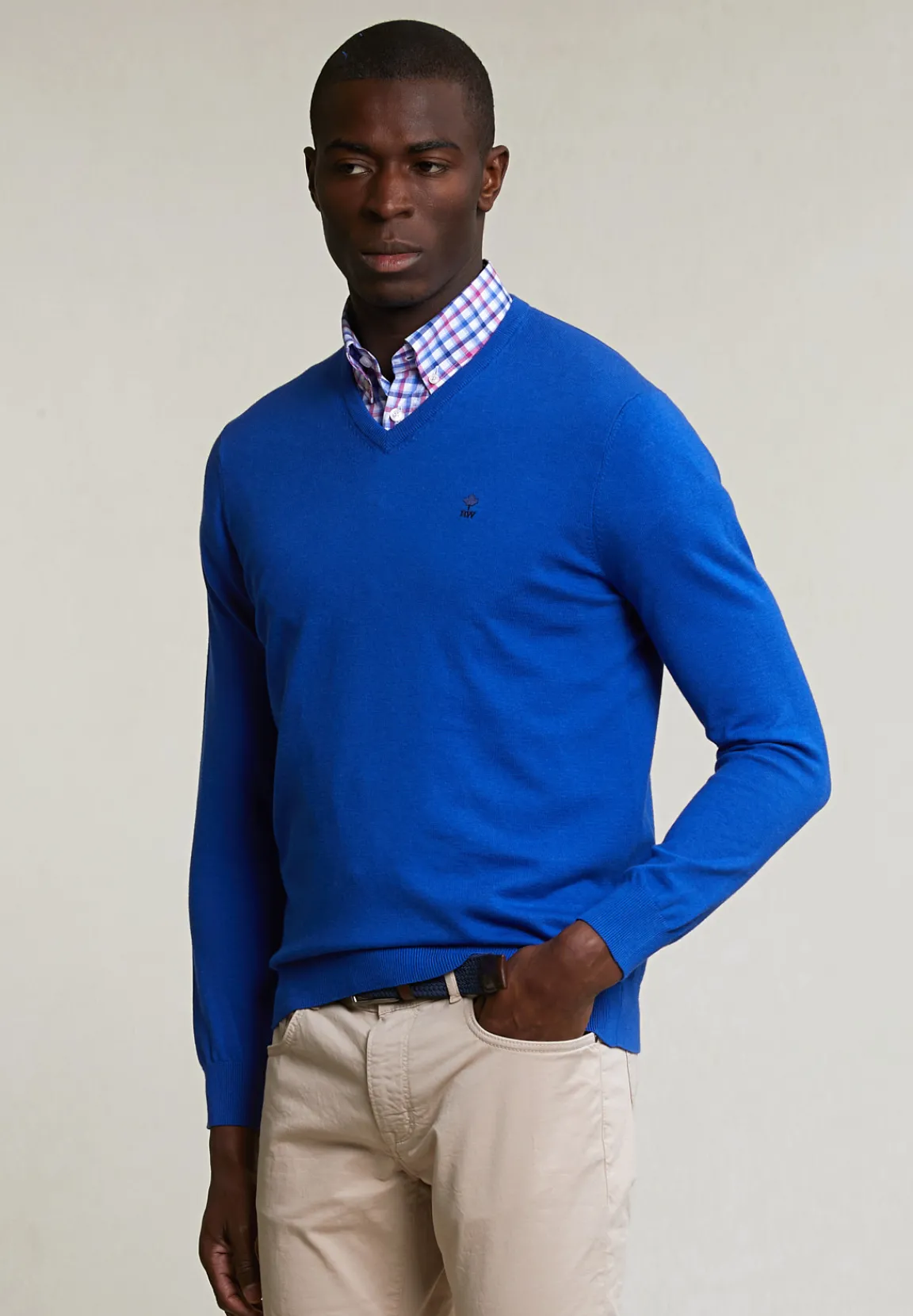 Outlet River Woods Normal fit basic katoenen V-hals trui evening blue mix -