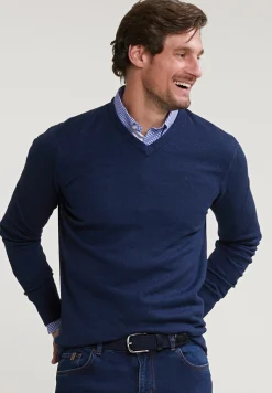 New River Woods Normal fit basic katoenen V-hals trui oriental blue mix -