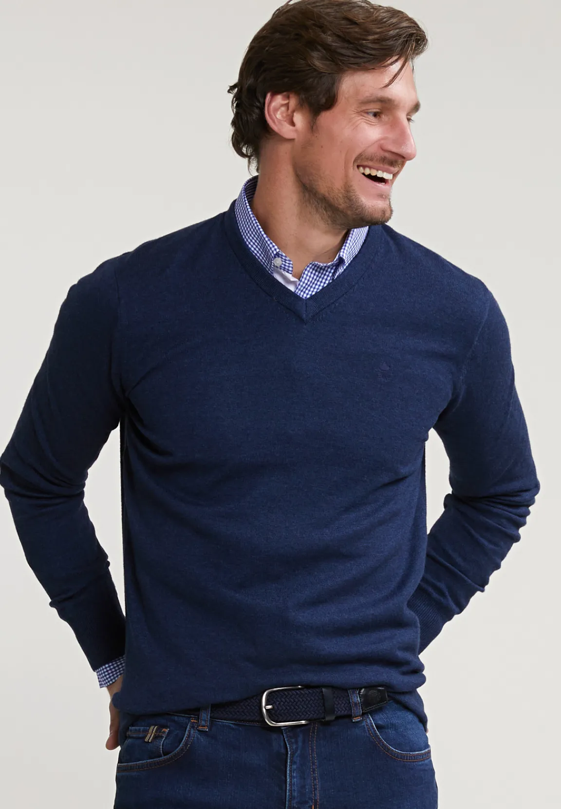 New River Woods Normal fit basic katoenen V-hals trui oriental blue mix -