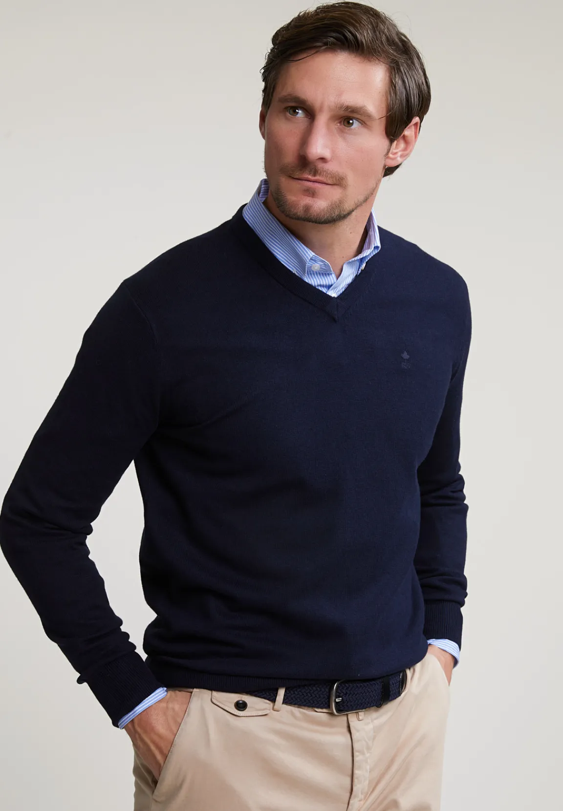 Clearance River Woods Normal fit basic katoenen V-hals trui navy -