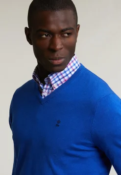Outlet River Woods Normal fit basic katoenen V-hals trui evening blue mix -
