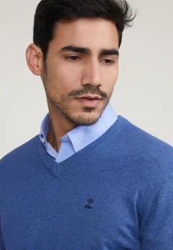 Sale River Woods Normal fit basic katoenen V-hals trui wagon blue mix -