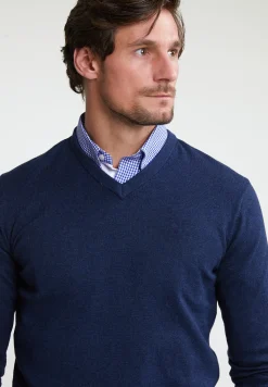 New River Woods Normal fit basic katoenen V-hals trui oriental blue mix -