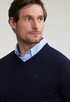 Clearance River Woods Normal fit basic katoenen V-hals trui navy -
