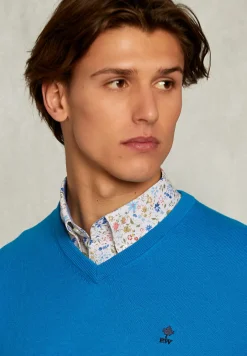 Clearance River Woods Normal fit basic katoenen V-hals trui tropical blue mix -
