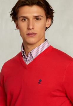 New River Woods Normal fit basic katoenen V-hals trui pomegranate -