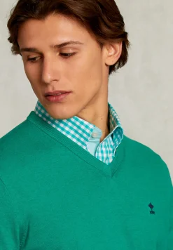 Discount River Woods Normal fit basic katoenen V-hals trui green twist mix -