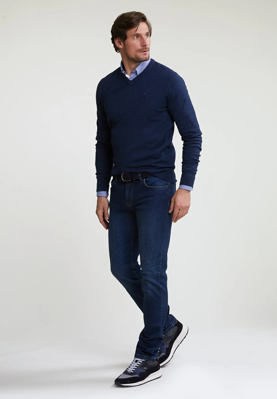 New River Woods Normal fit basic katoenen V-hals trui oriental blue mix -